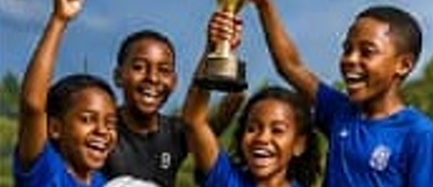 Children celebrating with trophy