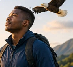 Man looking up at a soaring eagle